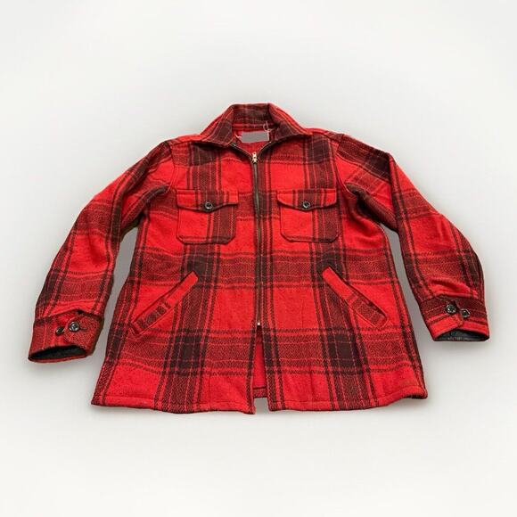 VTG Melton Wool Mens Red Black Plaid Full Zip Flannel Jacket Size M MEDIUM - Picture 1 of 8